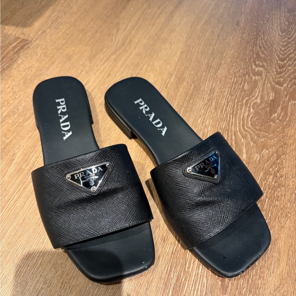 Prada Black Leather Sandals Silver Logo - Picture 2 of 3